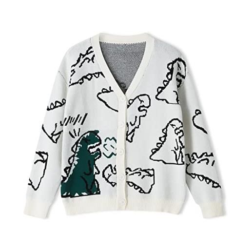 Dubute donne maglia maglione kawaii dinosauro stampato maglione cardigan scollo a v manica lunga pulsante giù carino cartoon animale maglieria, bianco, xl