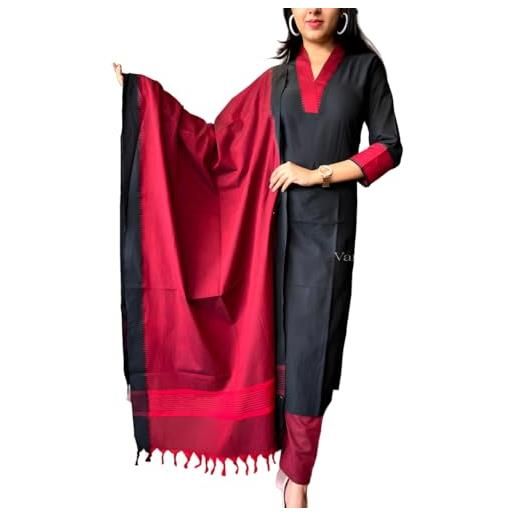 Generic set kurti da donna con pantaloni e dupatta in cotone con telaio a mano (xxxl/46), nero e rosso, xxx-large