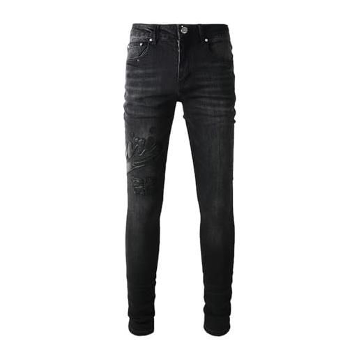 CABULE jeans impiombati jeans denim slim fit elasticizzati da uomo alla moda di alta moda-nero-34