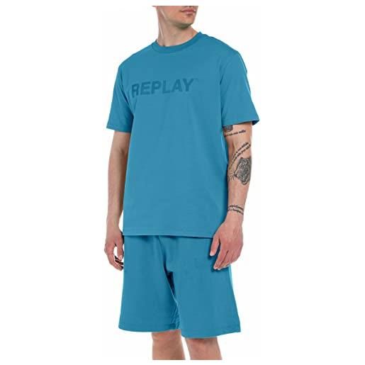 REPLAY t-shirt uomo manica corta second life con stampa logo, blu (neon sky 180), m