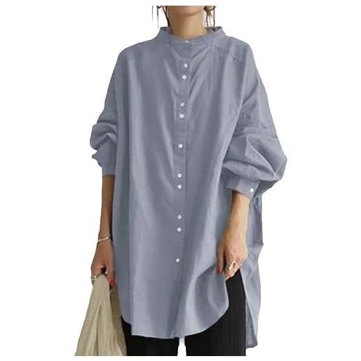 TOMPPY camicia donna elegante, camicetta da donna in cotone e lino camicie lunghe casual tinta unita con colletto alla coreana camicie con bottoni top vintage sciolto tunica a maniche lunghe t-shirt autunn