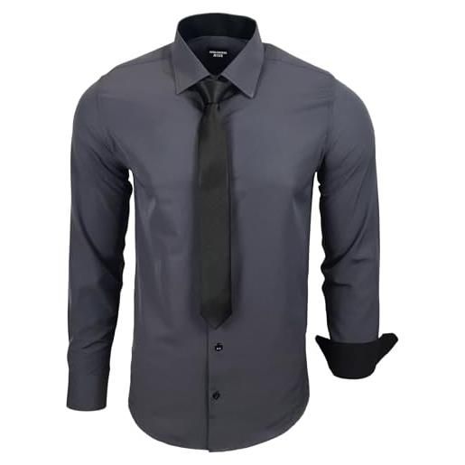 Subliminal Mode - camicia da uomo a maniche lunghe, colletto bicolore tinta unita + cravatta nera camicia aderente da lavoro facile da stirare rn77, grigio, xxl