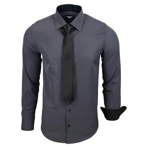 Subliminal Mode - camicia da uomo a maniche lunghe, colletto bicolore tinta unita + cravatta nera camicia aderente da lavoro facile da stirare rn77, grigio, xl