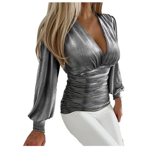 YCBMINGCAN maglione donna con paillettes e perline, scollo a v, maglia a maniche lunghe stretta gioielli in argento 925, argento, s