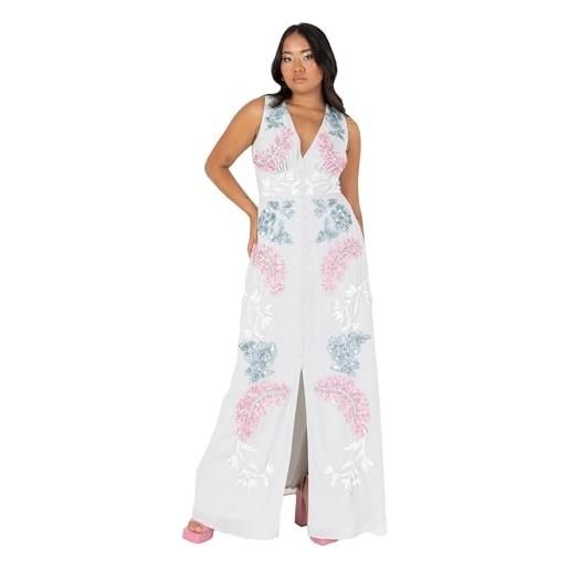 Maya Deluxe women's ladies maxi dress v-neckline sleeveless floral sequin embellished button front slit for wedding guest occasion vestito, glacier grey, 50 da donna