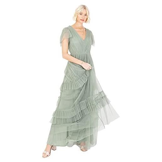 Anaya with Love ladies maxi dress for women short sleeve evening ball gown tiered v neck bow tie bridesmaid wedding guest prom long, vestito donna, frosted green, 