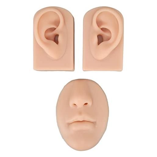 Kufoo morbido silicone orecchio naso bocca per praticare la sutura, 3d flessibile modello in silicone facciale per l'esposizione degli orecchini naso, gomma pratica del piercing (colore della pelle medio)