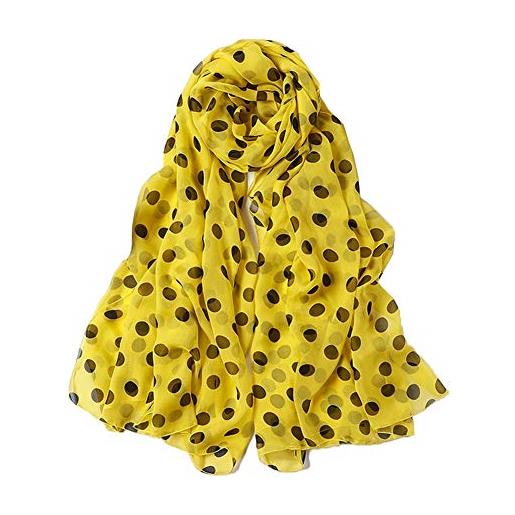 QXIYUAN sciarpa di seta gialla a punti neri sciarpa di seta di gelso a pois da donna sciarpa lunga di garza scialle primavera autunno e inverno 200x135cm