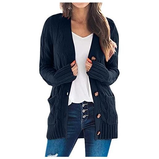 IQYU cappotto lungo da donna nero - cardigan lungo da donna con bottoni, in cotone a maglia lunga con tasca sul petto, cardigan oversize, elegante cardigan bolero, blu mare, xl