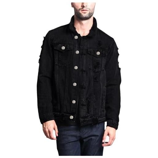 XUSAI giacca da uomo in denim strappato con vestibilità regolare, lavaggio invecchiato, manica lunga, giacca di jeans slim fit con bottoni, nero, xs