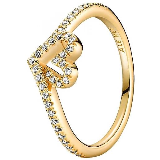 Pandora timeless anello wishbone con cuore e placcato in oro 14k con zirconi cubici trasparenti, 58