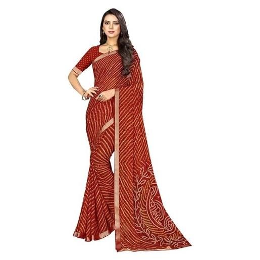 SIRIL bandhani - sari da donna in chiffon con stampa e pizzo, rosso, marrone, 5.5m
