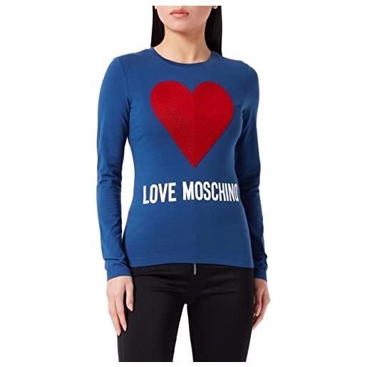 Love Moschino vestibilità aderente a maniche lunghe con maxi cuore, cuciture ricamate e logo water print t-shirt, blu, 50 donna