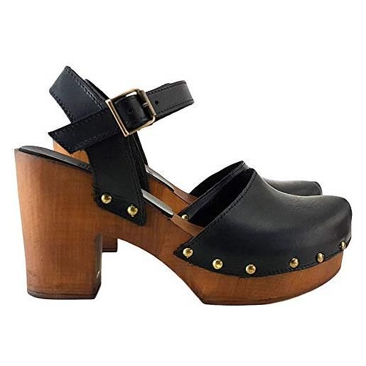 Kiara Shoes zoccoli svedesi in cuoio marrore/nero made in italy - my-126 (37 eu, marrone)