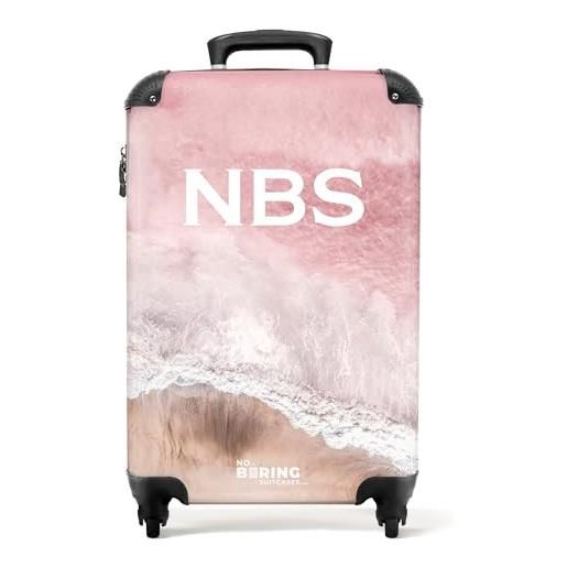 NoBoringSuitcases.com valigia modello, spiaggia con mare rosa, handgepäck, bagaglio per bambini