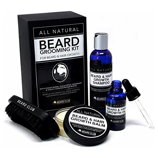 Beard Club all natural kit per la cura della barba - crescita di capelli e barba - olio da barba, balsamo, shampoo e spazzola - con biotina, legno di cedro, eucalipto e rosmarino - il miglior set regalo da uomo