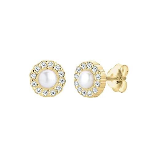 Elli orecchini a perno da donna oro giallo 9k, diamante bianco 0.24ct con perle coltivate d'acqua dolce