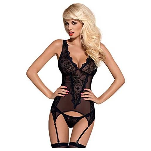 Obsessive completo intimo 2 pezzi: guepiere con tanga in un'accattivante confezione regalo, nero pizzo, xxl