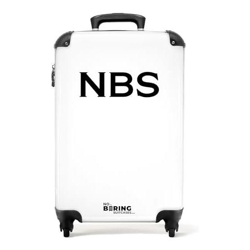 NoBoringSuitcases.com valigia modello, bianco con scritta nera, handgepäck, bagaglio per bambini