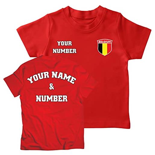 lepni.me maglia per bambini maglietta da calcio belgio con tuo nome e numero | distintivo bandiera belga personalizzata | coppa del mondo 2022 (9-11 anni rosso multicolore)