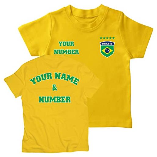 lepni.me maglia per bambini maglietta da calcio brasile con tuo nome e numero | distintivo bandiera brasiliana personalizzata | coppa del mondo 2022 (14-15 anni giallo multicolore)
