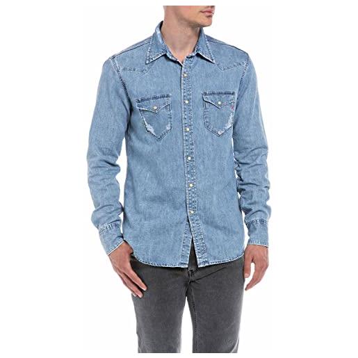 REPLAY camicia in jeans uomo aged in cotone, blu (medium blue 009), l
