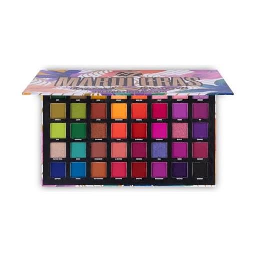 W7 | mardi gras pressed pigment palette | 40 colors: pinks, greens, oranges, reds, yellows | matte, shimmer, metallics | rainbow, pride, festival makeup | vegan, cruelty free makeup by W7 cosmetics