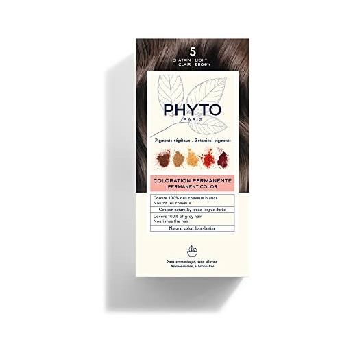 Phyto color kit 5 castano chiaro colorazione permanente senza ammoniaca, 100% copertura capelli bianchi