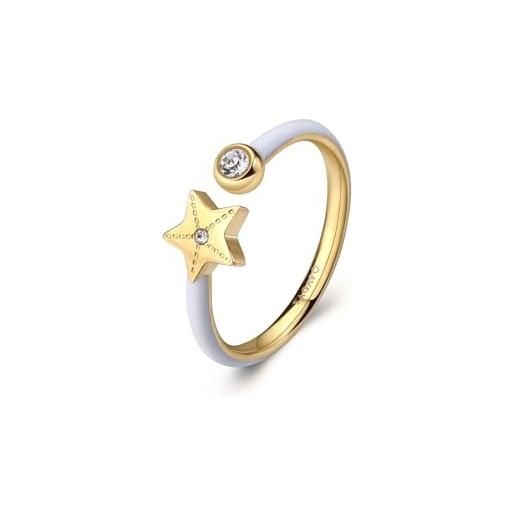 S'AGAPÕ anello di s'agapò della collezione vibes, realizzato in acciaio e pvd oro, con smalto bianco e cristalli bianchi e con il simbolo di una stella marina. La referenza è svb70. 