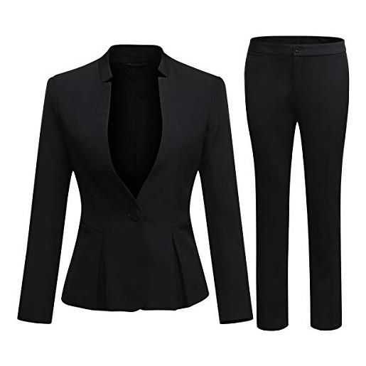 YYNUDA abito da donna, 2 pezzi, colletto alto, un bottone sul davanti, tinta unita, blazer e pantaloni, stile manageriale, nero , m