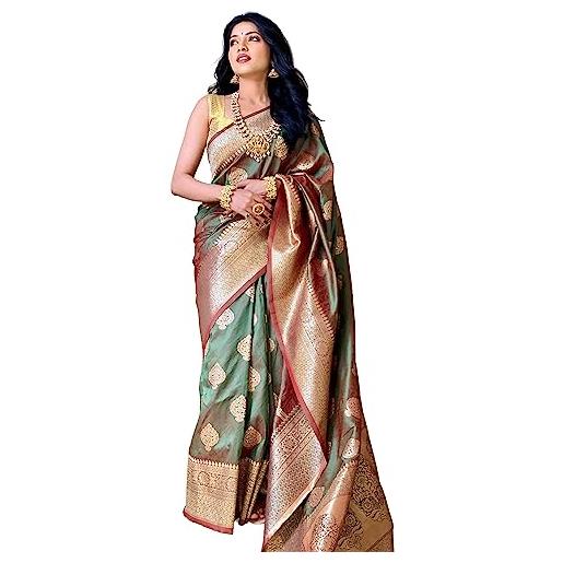 KNETLI banarasi saree di seta per le donne indiano tradizionale zari lavoro sari per le donne con camicetta non cucita, verde, taglia unica