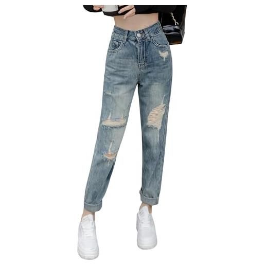 MTROTE HXUE jeans con fori rotti per donna vita alta casual pantaloni nove minuti, pantaloni anziani, pantaloni harlem, rapa, blu, m