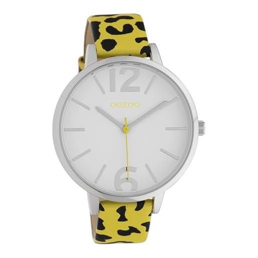 Oozoo orologio da donna con cinturino in pelle leopardato stampa animalier colori dell'africa 43 mm, bianco e oro. , cinturino