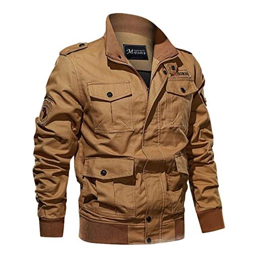 DondPO giacca militare da uomo, calda, da uomo, per il tempo libero, in pelle termica, impermeabile, per le mezze stagioni, sportiva, foderata, invernale, giacca bomber, cachi, l