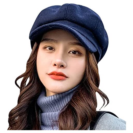 WANYI cappello da donna eleganti berretto basco newsboy cap berretto piatto strillone con visiera beanie berretti per autunno primavera inverno (57 blu marino)