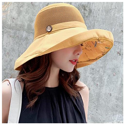 HHVDVCJK cappello da donna in lino di cotone a tesa larga primaverile cappello a secchiello pieghevole panama estivo da donna yellow
