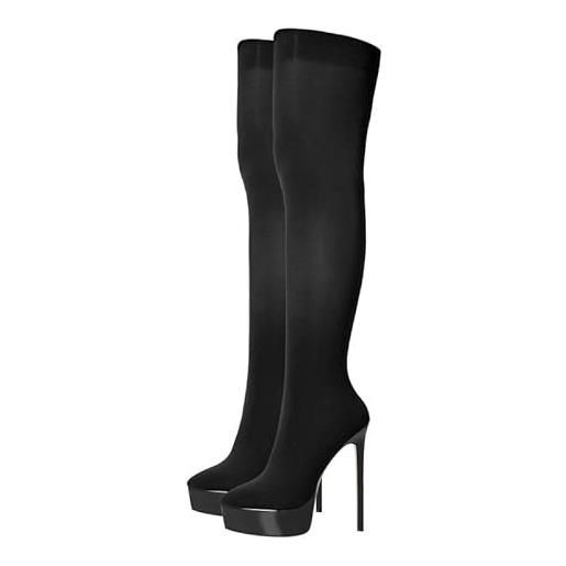 MissHeel plateau stivali elastici sopra il ginocchio tacco a centesimo calza stivali a gambo lungo, nero , 35 eu