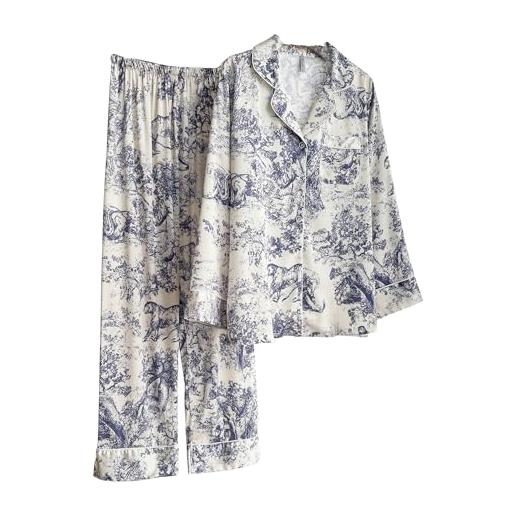 DQSSYTTX pigiama da donna con stampa floreale in seta pantaloni lunghi a maniche lunghe pigiameria con scollo a v, blu, l