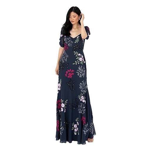 Maya Deluxe women's maxi dress ladies embroidered sweetheart neckline ruched sleeves for wedding guest bridesmaid prom ball gown vestito, navy, 48 donna