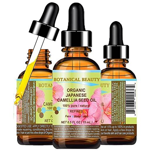 Botanical Beauty japanese organic camellia seed oil. 100% pure / natural / undiluted / refined / cold pressed carrier oil. Rich antioxidant to revitalize and rejuvenate the hair, skin and nails. 0.5 fl. Oz-15ml. By Botanical Beauty