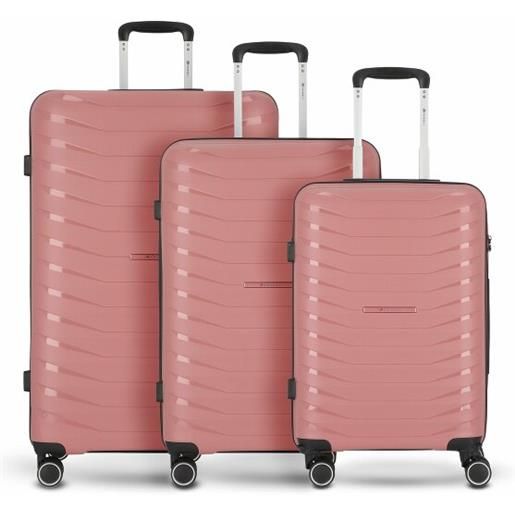 Franky pp15 set di valigie a 4 ruote, 3 pezzi con piega elastica rosa