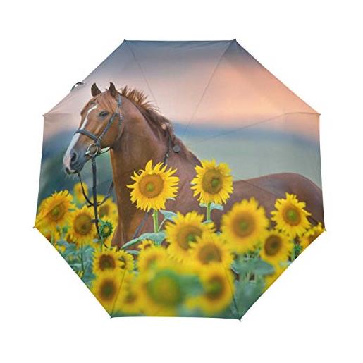 Mnsruu ombrello pieghevole a forma di girasoli a forma di cavallo con apertura automatica e protezione uv per donne e uomini