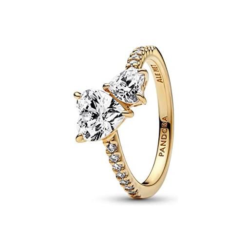 Pandora timeless anello con doppio cuore scintillante placcato in oro 14 k con zirconia cubica trasparente, 56