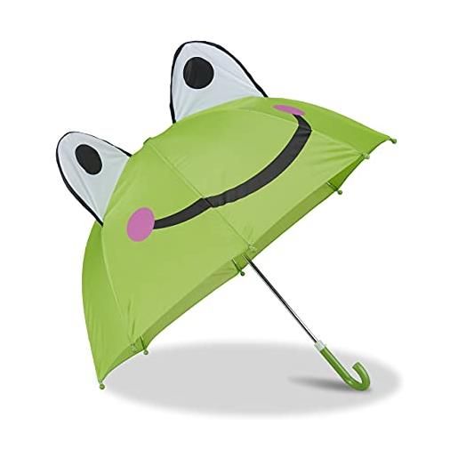 Relaxdays ombrello per bambini con rana in 3d, parapioggia con bastone, bimba & bimbo, a campana, unisex, verde