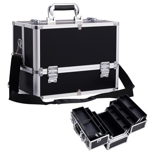 Joligrace valigetta porta trucchi grande valigia trucco valigetta per cosmetici valigetta per unghie makeup beauty case trucchi da viaggio donna 6 vassoi y tracolla organizzatore professionale, nero