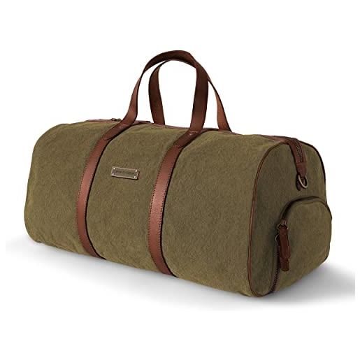 DRAKENSBERG travel bag - borsone piccolo, borsa da viaggio in stile retrò per donna e uomo, bagaglio a mano adatto, realizzato a mano in qualità premium, 40l, tela e pelle, verde oliva, dr00115