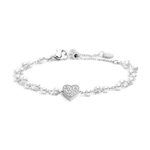 MARLU' bracciale da donna in acciaio doppia catena con perle cuore con cristalli di marlù, 15br068-w