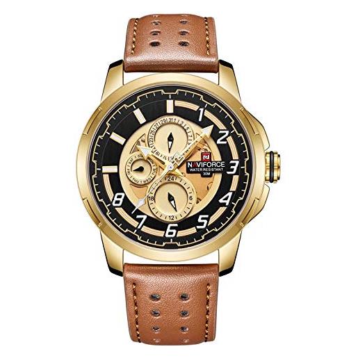 Naviforce - nf9142 - orologio da polso al quarzo analogico moda uomo, cinturino in pelle, impermeabile (cinturino: marrone chiaro)