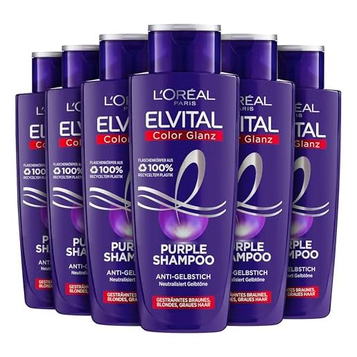 L'Oréal Paris elvital shampoo per capelli biondi, striati, grigi, neutralizza i toni gialli, colore lucido, viola, shampoo argento anti-giallo, 6 x 200 ml