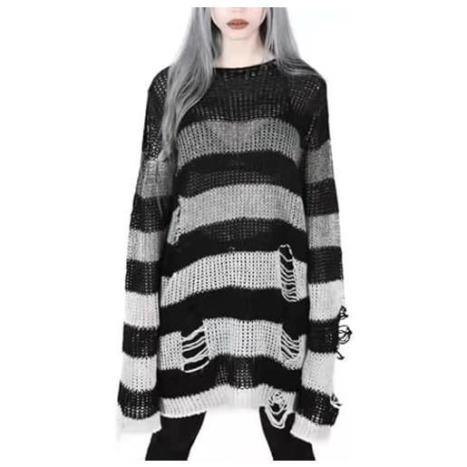 Tooe y2k oversize goth punk maglione strappato a strisce pullover manica lunga fata grunge distressed emo streetwear top vestiti, grigio, taglia unica